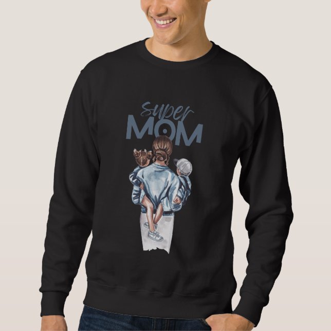 Super-Mama Blaue Wasserfarbe Mutter-und-Kinder-Kun Sweatshirt (Vorderseite)