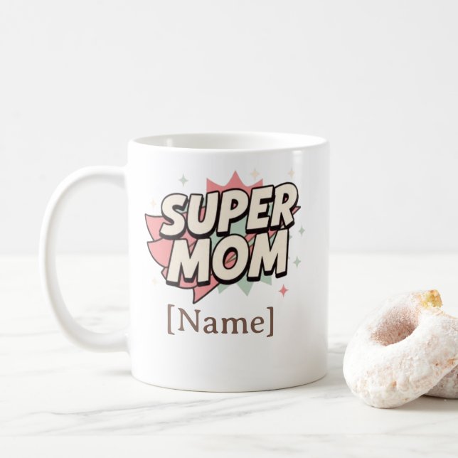Super Mama im Comic-Stil personalisierter Becher Kaffeetasse (Mit Donut)