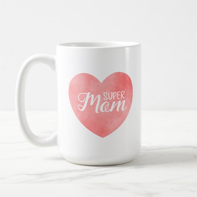Super Mama im rosa Aquarellherz, Muttertag Kaffeetasse (Links)