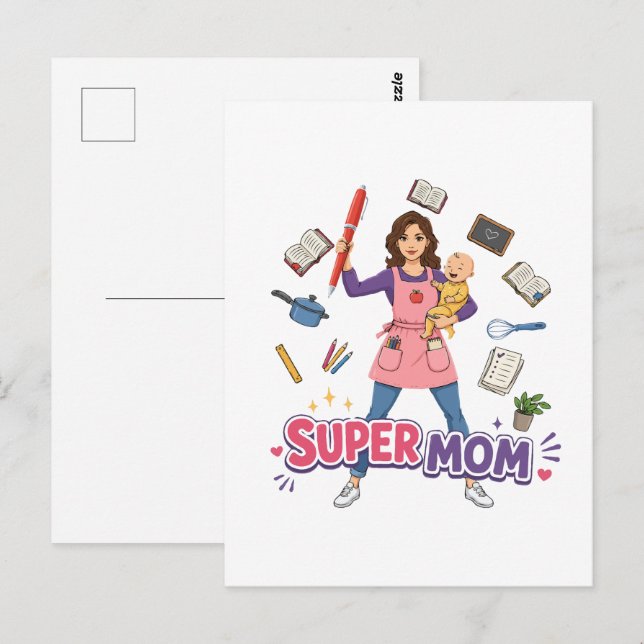 Super-Mama Multitasking-Mutter Cartoon-Design Postkarte (Vorne/Hinten)
