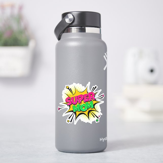 Super Mama Pop Art Pink Yellow Green auf 4" Vinyl Aufkleber (HydroFlask)