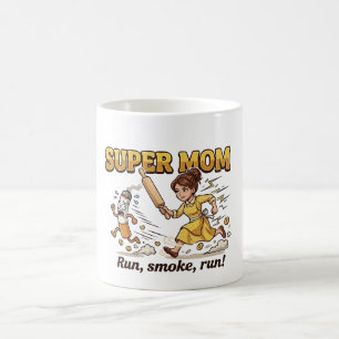 Super-Mama raucht lustig Kaffeetasse