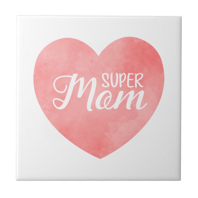 Super-Mama-Text in rosa gestrichenem Herzen Fliese (Vorderseite)