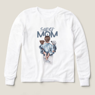 Super Mom Blue Watercolor Mother and Children Art