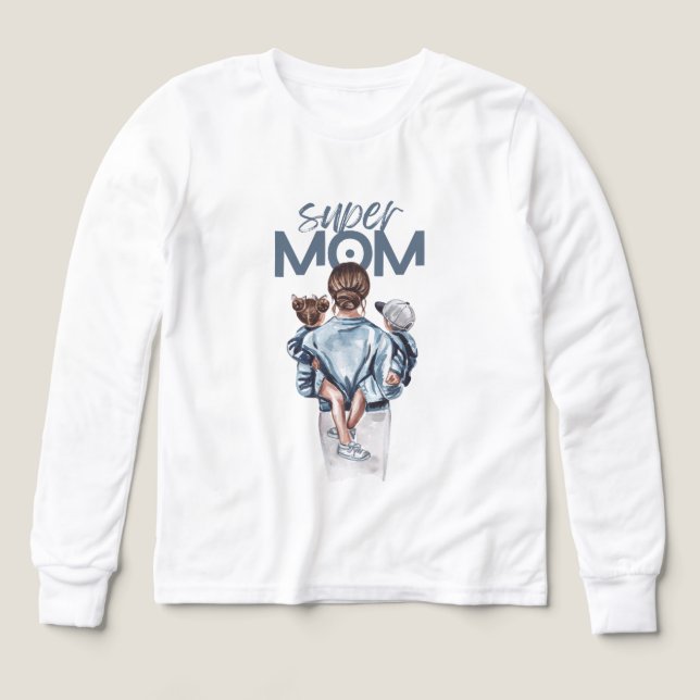 Super Mom Blue Watercolor Mother and Children Art (Design Vorderseite)