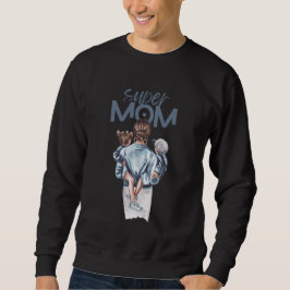 Super Mom Blue Watercolor Mother and Children Art Sweatshirt