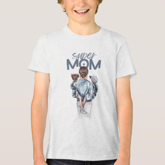Super Mom Blue Watercolor Mother and Children Art Tri-Blend Shirt