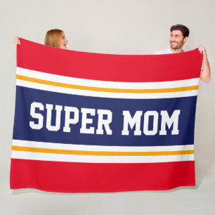 SUPER MOM Hellrot Weiß Navy Blau Streifen Fleecedecke