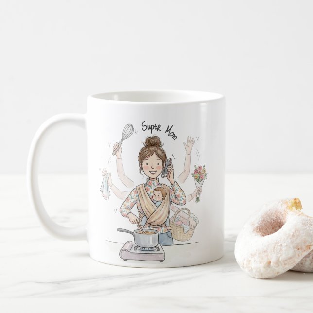 Super Mom Multitasking Illustration Mug | Cute Mug Kaffeetasse (Mit Donut)