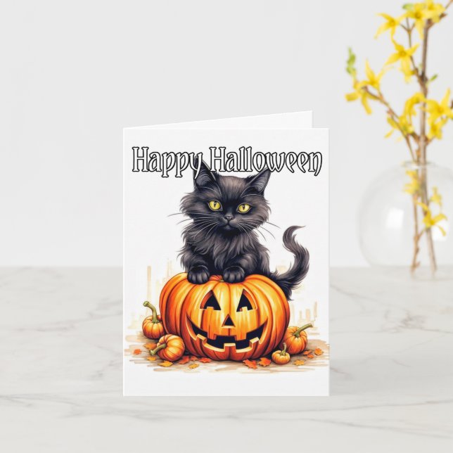Super Niedlich Black Kitty Cat | Frohe Halloween Karte (Gelbe Blume)