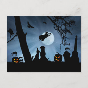 Super Niedlich Hexe und Katze und Hund Halloween Postkarte