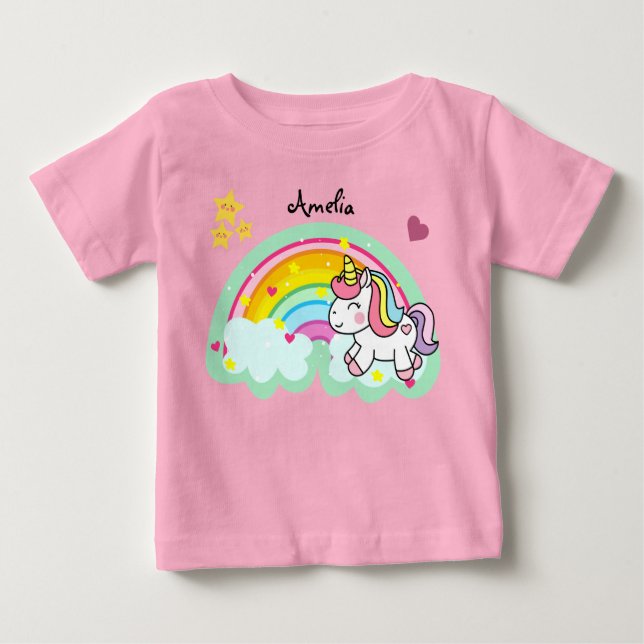 Super Niedlich Unicorn und Rainbow Personalisiert Baby T-shirt (Vorderseite)