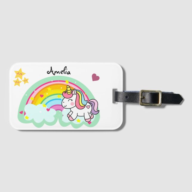 Super Niedlich Unicorn und Rainbow Personalisiert Gepäckanhänger (Vorderseite (Horizontal))