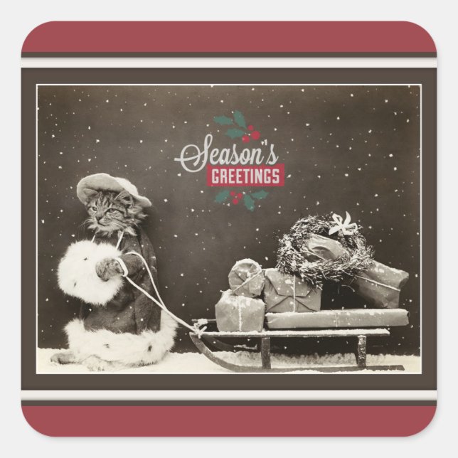 Super Niedlich Vintage Christmas Cat Quadratischer Aufkleber (Vorderseite)