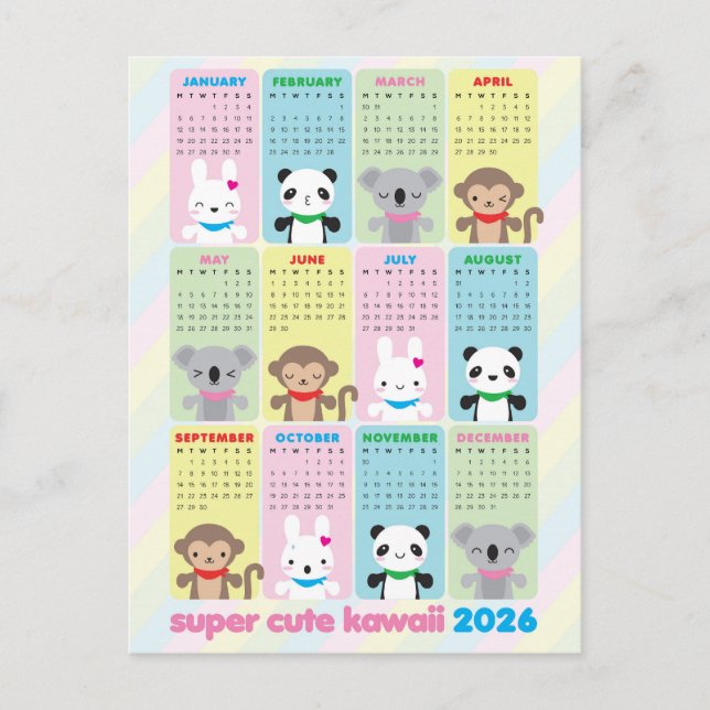Super Niedliche Kawaii Tiere 2026 Kalender Postkarte (Vorderseite)