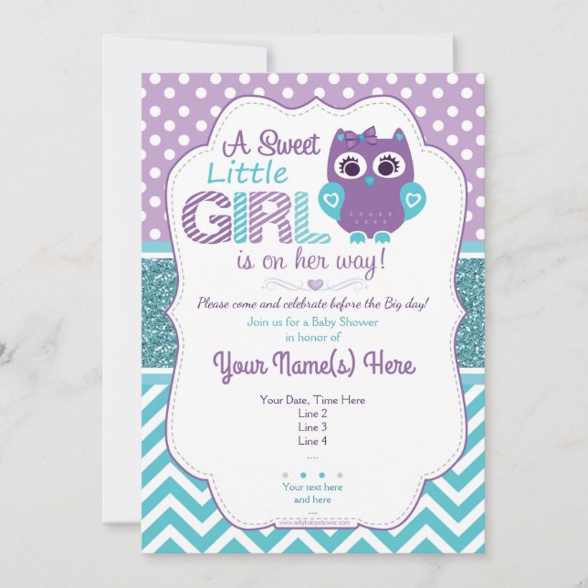 Super Niedliche Lila Aquamarine Owl Invitation Bab Einladung (Vorderseite)