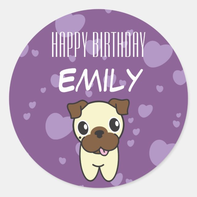 Super Niedlicher Mops Lila Herzdesign Runder Aufkleber (Vorderseite)
