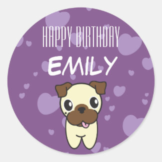 Super Niedlicher Mops Lila Herzdesign Runder Aufkleber