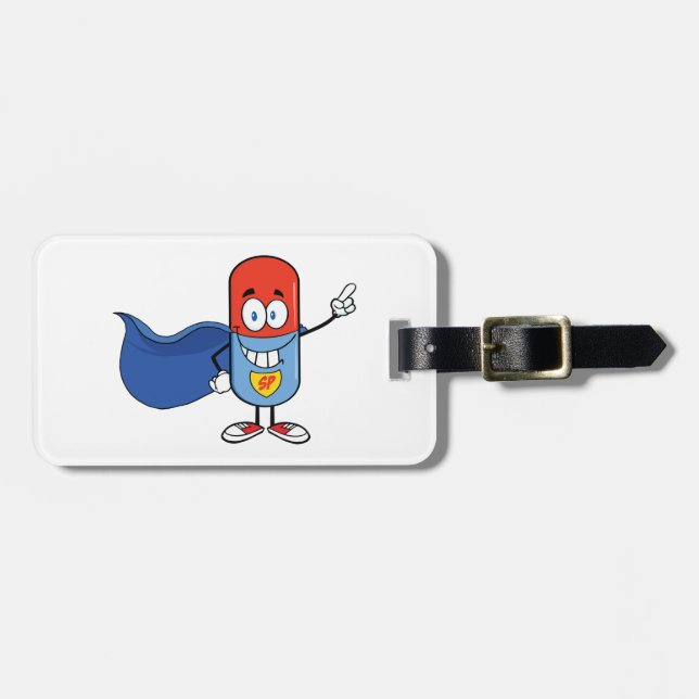 Super Pill Cartoon Hero Character Gepäckanhänger (Vorderseite horizontal)