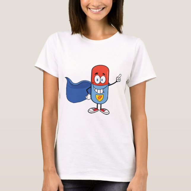 Super Pill Cartoon Hero Character T-Shirt (Vorderseite)