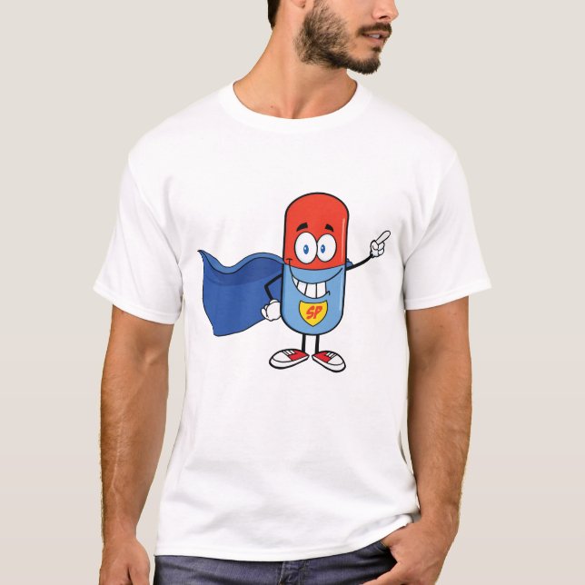 Super-Pillen-Comic-Held Charakter T-Shirt (Vorderseite)