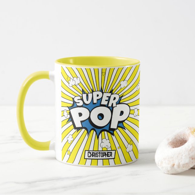 SUPER POP! Comic Book Pop Art ‘Corny’ Popcorn Pun Tasse (Mit Donut)