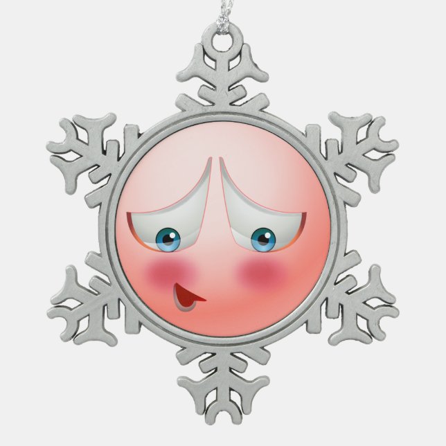 Super schüchternes und errötendes emoji schneeflocken Zinn-Ornament (Vorderseite)
