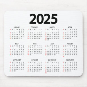 Super Simple 2025 White Background Calendar Mousepad
