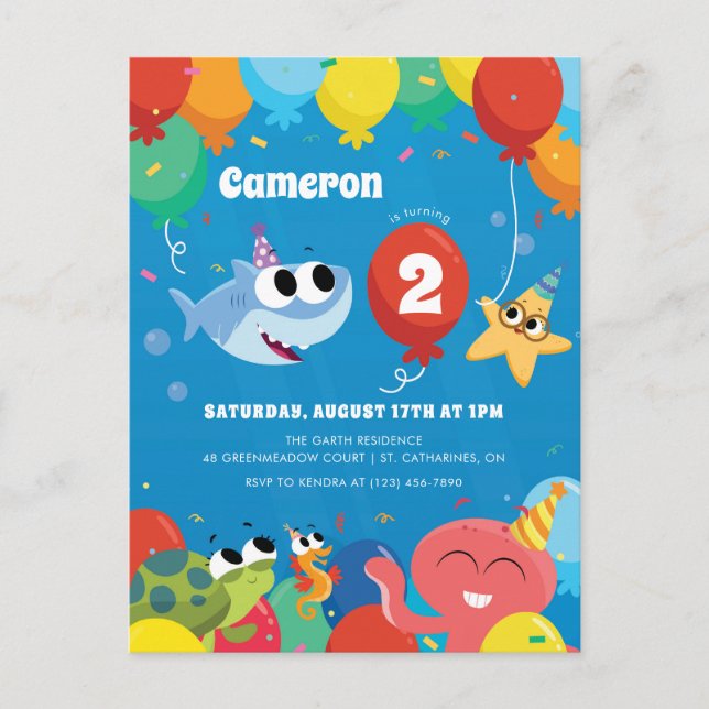 Super Simple | Finny the Shark Balloons Geburtstag Postkarte (Vorderseite)