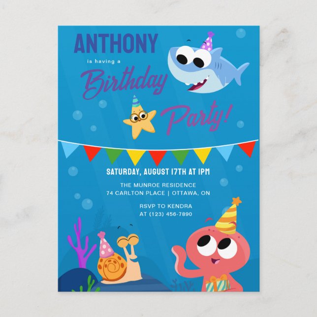 Super Simple | Finny the Shark Ocean Birthday Postkarte (Vorderseite)