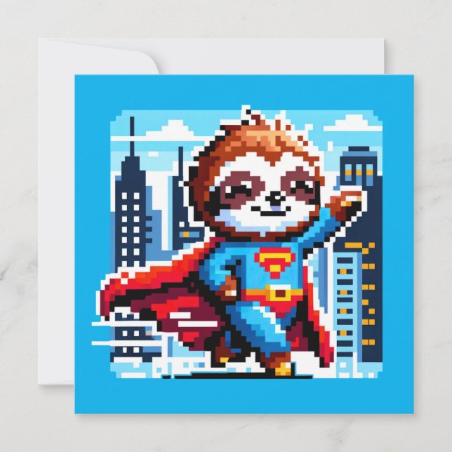 Super Sloth Funny Pixel Art Hero CityScape Design Einladung (Vorderseite)