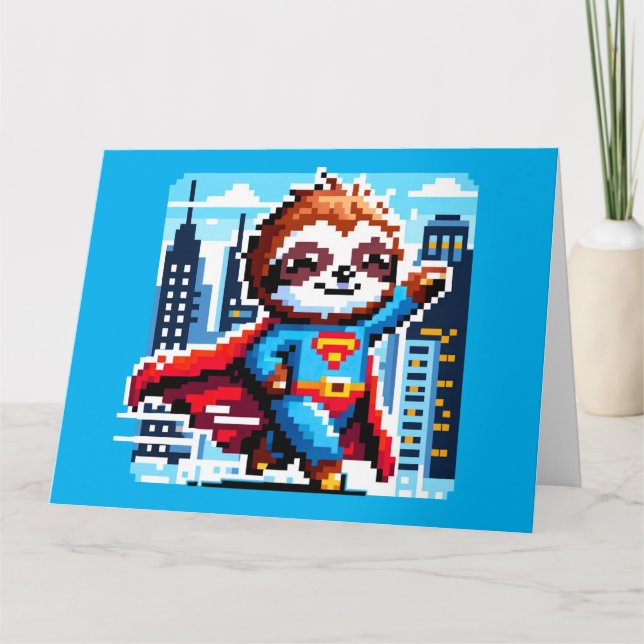 Super Sloth Funny Pixel Art Hero CityScape Design Karte (Vorderseite)