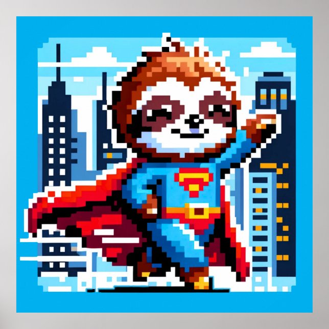 Super Sloth Funny Pixel Art Hero CityScape Design Poster (Vorne)