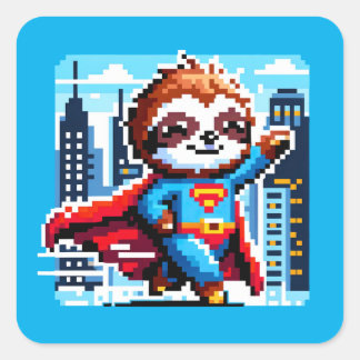 Super Sloth Funny Pixel Art Hero CityScape Design Quadratischer Aufkleber