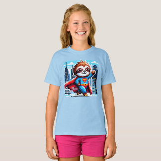 Super Sloth Funny Pixel Art Hero CityScape Design T-Shirt