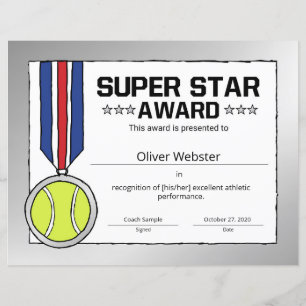 Super Star Tennis Player Award Tennis Zertifikat