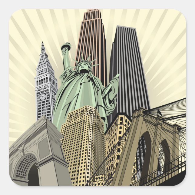 Super Stylisierte Cityscape NYC Quadratischer Aufkleber (Vorderseite)