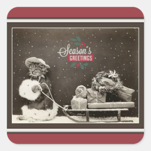 Super süße Vintage-Weihnachtskatze Quadratischer Aufkleber