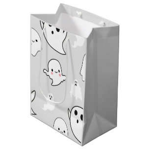 Super süße weiße Geister auf hellgrauem Halloween- Mittlere Geschenktüte