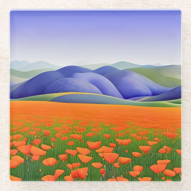 Superblumen | Surreal California Poppies Landschaf Glasuntersetzer (Vorderseite)