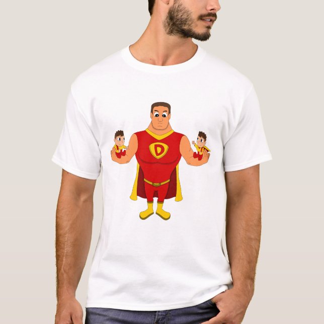 Superdad mit Zwillingen - Cartoon T-Shirt (Vorderseite)