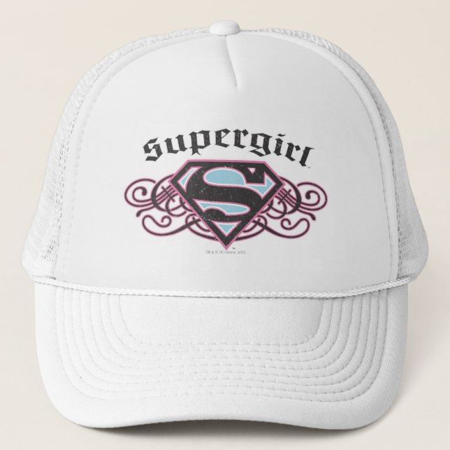 Supergirl Button Strips Schwarz und Rosa Truckerkappe (Vorderseite)