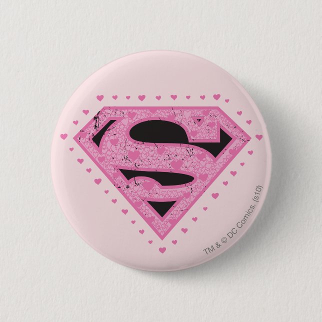 Supergirl Distressed Logo Schwarz und Rosa Button (Vorderseite)