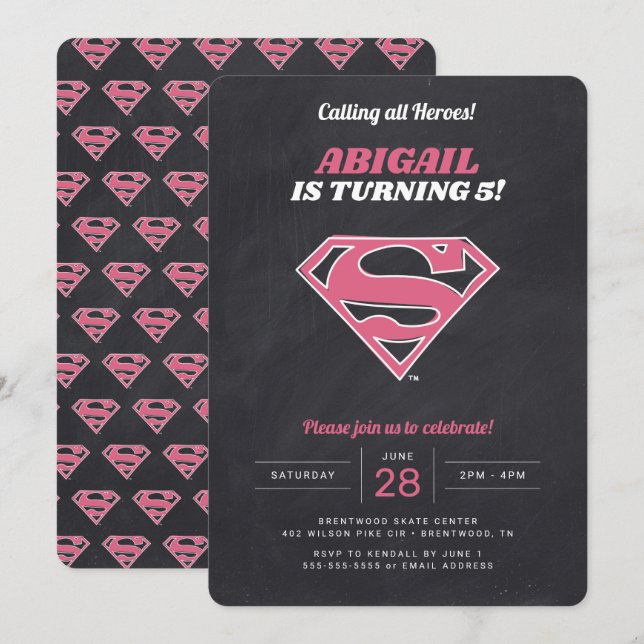 Supergirl Logo Girls Chalkboard Geburtstag Einladung (Vorne/Hinten)