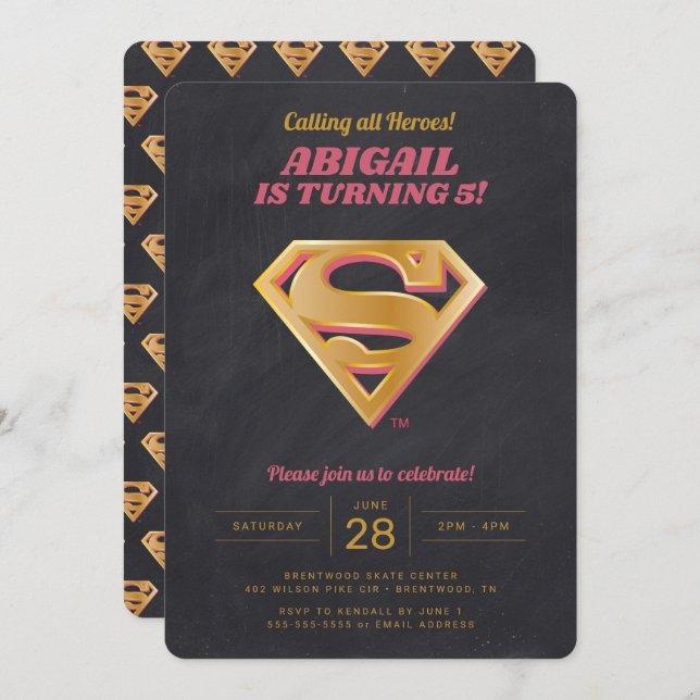 Supergirl Logo Pink und Gold Chalkboard Geburtstag Einladung (Vorne/Hinten)