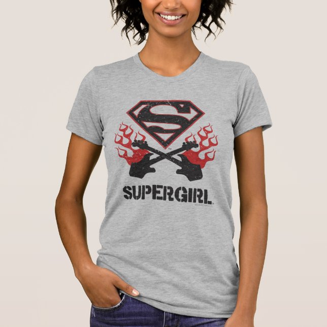 Supergirl Logo-Schwarz-lodernde Gitarren T-Shirt (Vorderseite)