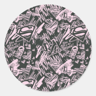 Supergirl Pink und Black Scribbles Runder Aufkleber