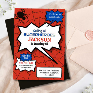 Superheld 6. Geburtstag Kinder Spinne rot schwarz Einladung