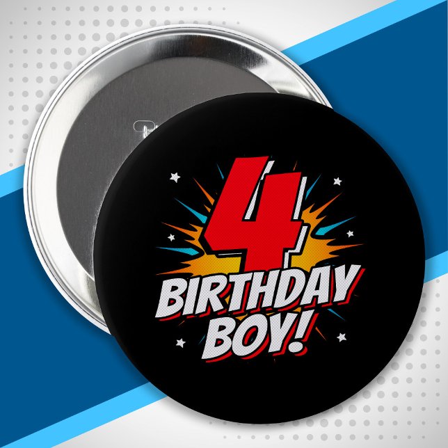 Superheld Birthday Boy - 4 Jahre alt - 4. Geburtst Button (Von Creator hochgeladen)