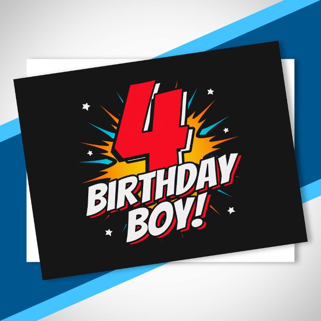 Superheld Birthday Boy - 4 Jahre alt - 4. Geburtst Postkarte (Von Creator hochgeladen)